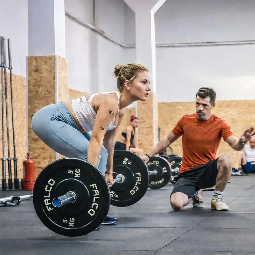 Antrenor C15 oferind îndrumare tehnică unei sportive în timpul unui exercițiu cu haltera